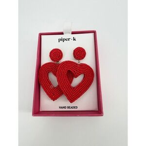 Piper K Hand Beaded Red Heart Drop Earrings Valentine Statement‎ Jewelry NIB